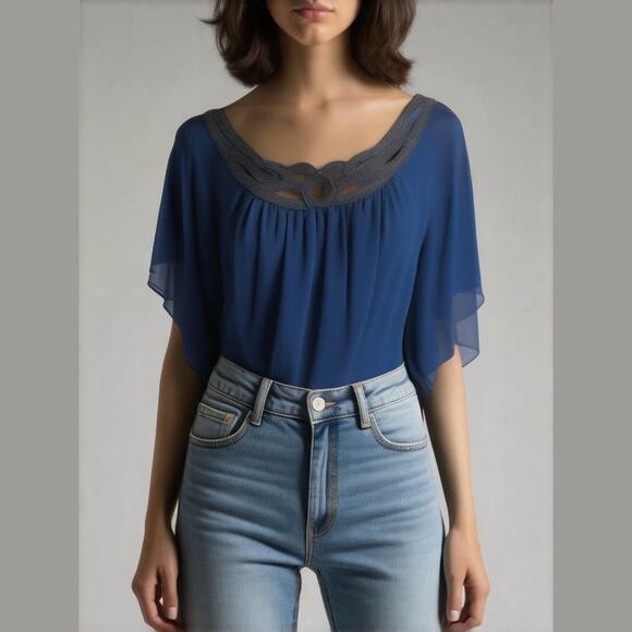 JR Nites by Carol Lin Blue Chiffon Sequin Neck Short Dolman Sleeve Dressy Top 14 - Picture 1 of 9